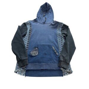 Alchemist Patchwork Detail Cotton Hoodie in Indigo Blue